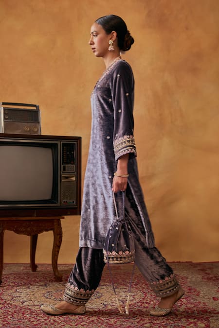 Shop_Bhawna Sethi_Purple Silk, Velvet, Crepe, Organza Fatima Zardozi Kurta Salwar Set With Potli _Online_at_Aza_Fashions