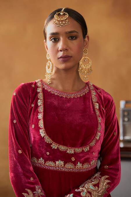 Bhawna Sethi_Pink Silk, Velvet, Crepe Embroidery, Zari Jodhaa Anarkali Flared Pant Set _Online_at_Aza_Fashions