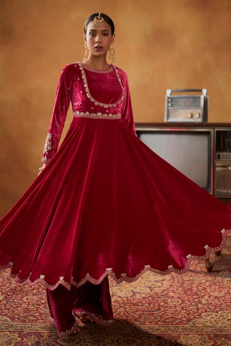 Buy_Bhawna Sethi_Pink Silk, Velvet, Crepe Embroidery, Zari Jodhaa Anarkali Flared Pant Set _Online_at_Aza_Fashions