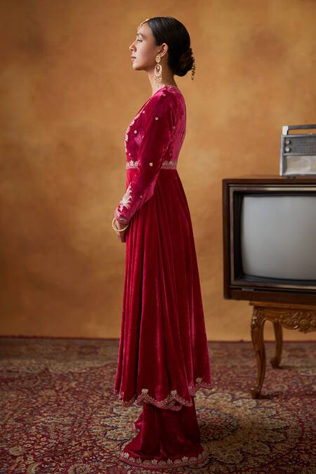 Shop_Bhawna Sethi_Pink Silk, Velvet, Crepe Embroidery, Zari Jodhaa Anarkali Flared Pant Set _Online_at_Aza_Fashions