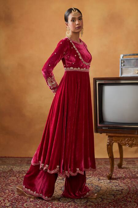 Bhawna Sethi_Pink Silk, Velvet, Crepe Embroidery, Zari Jodhaa Anarkali Flared Pant Set _at_Aza_Fashions