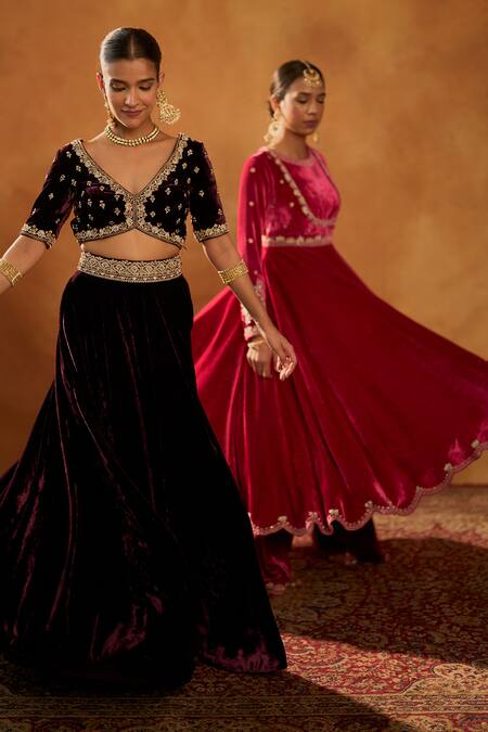 Shop_Bhawna Sethi_Pink Silk, Velvet, Crepe Embroidery, Zari Jodhaa Anarkali Flared Pant Set 
