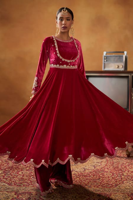 Bhawna Sethi_Pink Silk, Velvet, Tissue Jodhaa Zari Anarkali Flared Pant Set With Potli _Online_at_Aza_Fashions