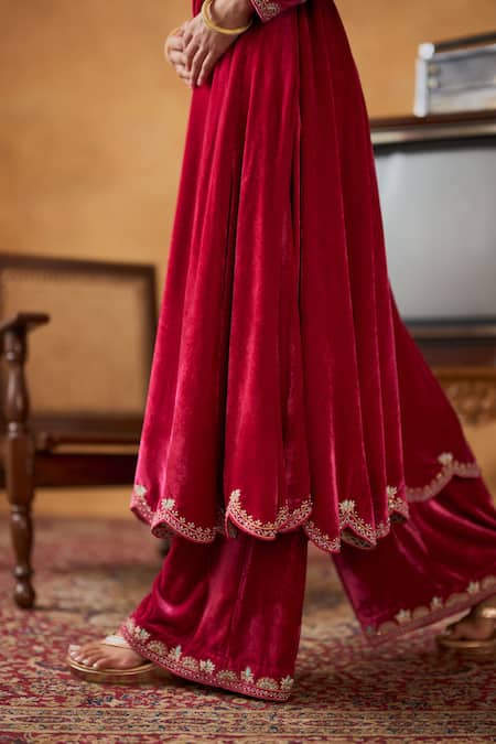 Buy_Bhawna Sethi_Pink Silk, Velvet, Tissue Jodhaa Zari Anarkali Flared Pant Set With Potli _Online_at_Aza_Fashions