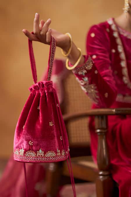 Shop_Bhawna Sethi_Pink Silk, Velvet, Tissue Jodhaa Zari Anarkali Flared Pant Set With Potli _Online_at_Aza_Fashions