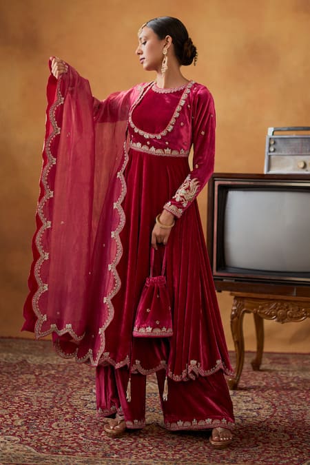 Bhawna Sethi_Pink Silk, Velvet, Tissue Jodhaa Zari Anarkali Flared Pant Set With Potli _at_Aza_Fashions