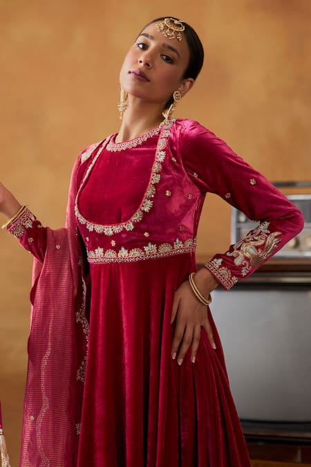 Buy_Bhawna Sethi_Pink Silk, Velvet, Tissue Jodhaa Zari Anarkali Flared Pant Set With Potli 