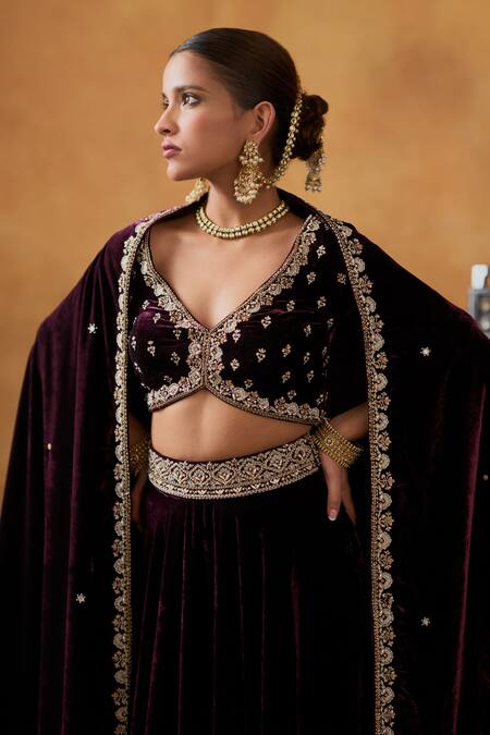 Bhawna Sethi_Purple Silk, Velvet Embroidery, Zari V-neck Mumtaz Zardozi Waist Lehenga Set _at_Aza_Fashions