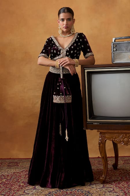Bhawna Sethi_Purple , Satin, Velvet Mumtaz Zardozi Lehenga Set With Potli _Online_at_Aza_Fashions