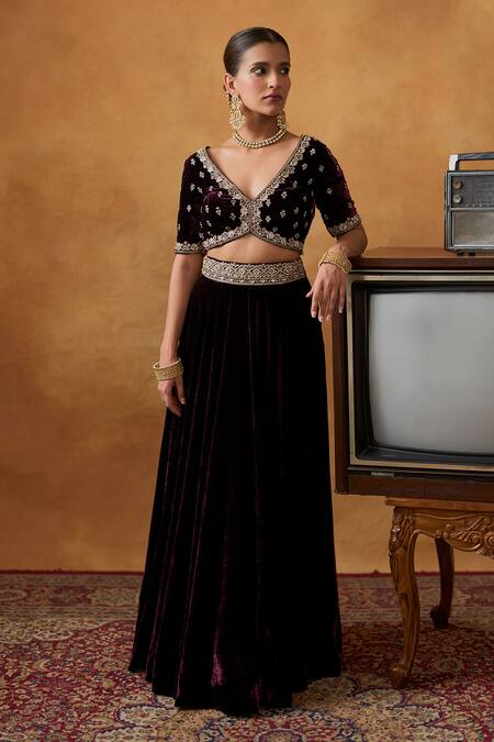 Shop_Bhawna Sethi_Purple , Satin, Velvet Mumtaz Zardozi Lehenga Set With Potli _Online_at_Aza_Fashions