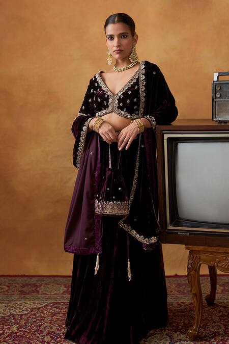 Bhawna Sethi_Purple , Satin, Velvet Mumtaz Zardozi Lehenga Set With Potli _at_Aza_Fashions