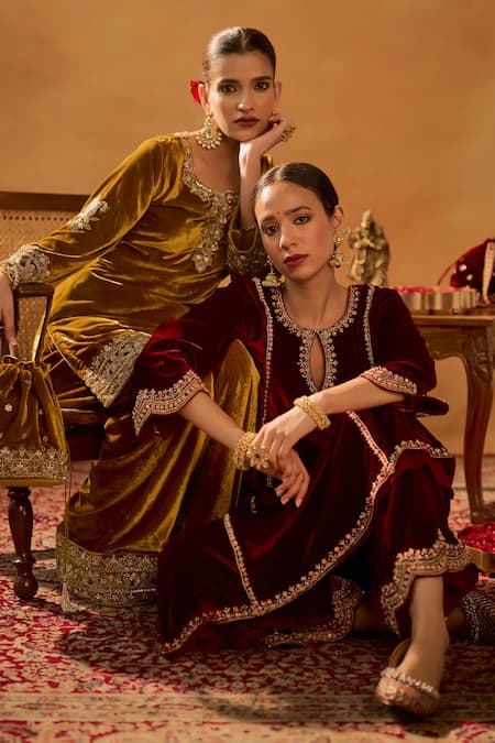 Shop_Bhawna Sethi_Maroon Silk, Velvet, Organza Embroidery, Zari Nur Jahan Kurta Pant Set 