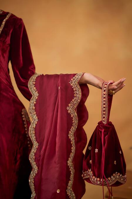 Bhawna Sethi_Maroon Silk, Velvet, Organza Nur Jahan Zardozi Kurta Pant Set With Potli _at_Aza_Fashions