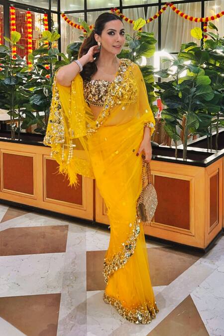 Dilnaz_Emerald Green Net, Polyester, Satin Sequins, Beads, Mirrors, Embroidered Blouse_Online_at_Aza_Fashions