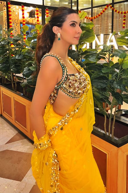 Buy_Dilnaz_Emerald Green Net, Polyester, Satin Sequins, Beads, Mirrors, Embroidered Blouse_Online_at_Aza_Fashions