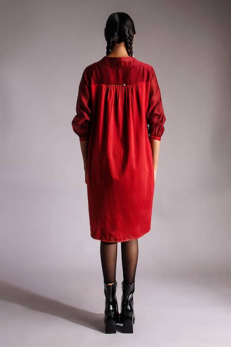 Shop_Jayati Goenka_Red Satin, Mandarin Collar Celestial Solid Shirt Dress _at_Aza_Fashions