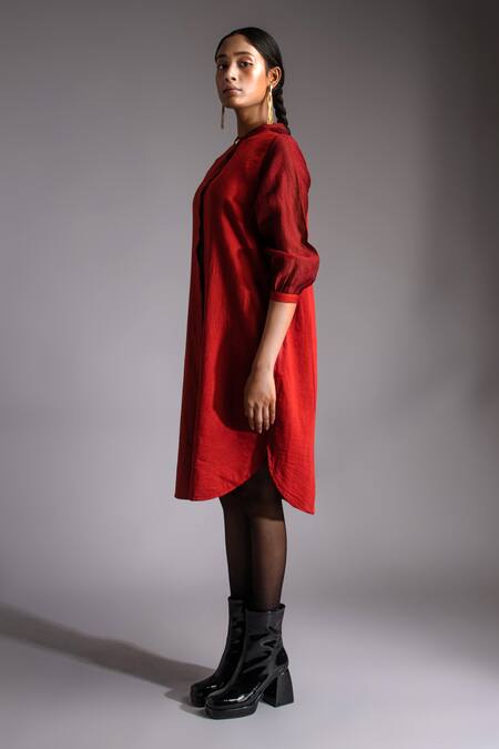 Jayati Goenka_Red Satin, Mandarin Collar Celestial Solid Shirt Dress _Online_at_Aza_Fashions