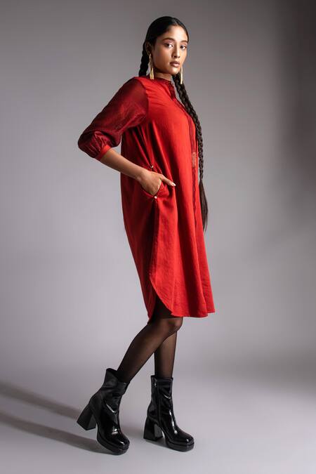 Buy_Jayati Goenka_Red Satin, Mandarin Collar Celestial Solid Shirt Dress _Online_at_Aza_Fashions