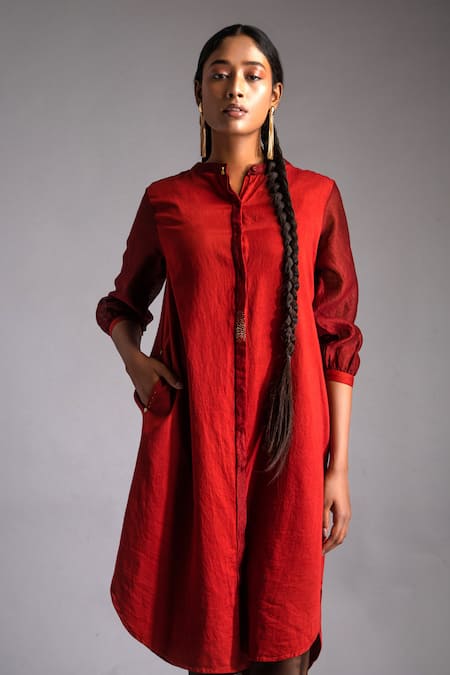 Shop_Jayati Goenka_Red Satin, Mandarin Collar Celestial Solid Shirt Dress _Online_at_Aza_Fashions