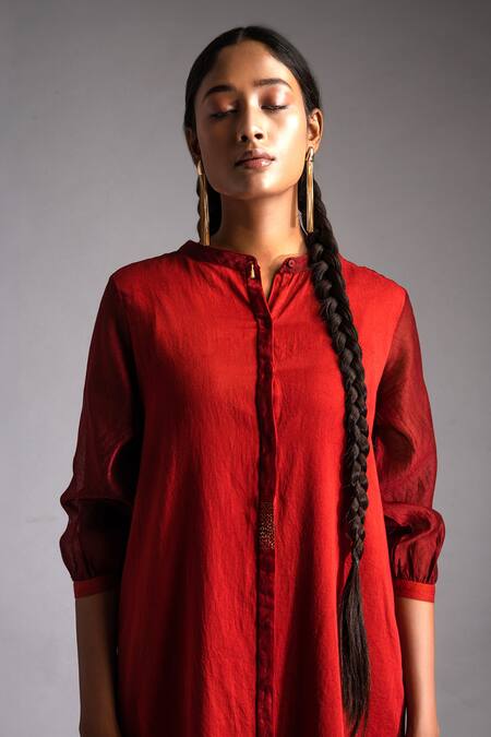 Jayati Goenka_Red Satin, Mandarin Collar Celestial Solid Shirt Dress _at_Aza_Fashions