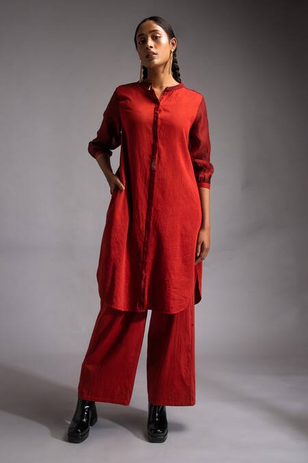 JAYATI GOENKA Red Satin, Embroidery Mandarin Celestial Solid Kurta With Trouser at Aza Fashions JAYATI GOENKA_Red Satin, Embroidery Mandarin Celestial Solid Kurta With Trouser _at_Aza_Fashions