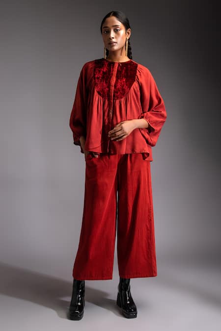 Jayati Goenka Red Cotton Satin Applique Velvet High Round Lush Yoke Blouson Top With Trouser 