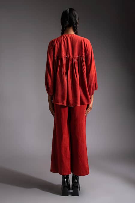 Shop JAYATI GOENKA Red Velvet, Cotton Satin Embroidery Lush Applique Yoke Blouson Top With Trouser at Aza Fashions Shop_JAYATI GOENKA_Red Velvet, Cotton Satin Embroidery Lush Applique Yoke Blouson Top With Trouser _at_Aza_Fashions