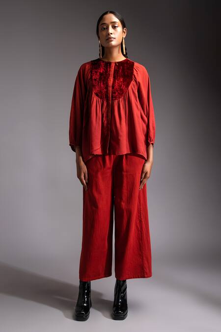JAYATI GOENKA Red Velvet, Cotton Satin Embroidery Lush Applique Yoke Blouson Top With Trouser Online at Aza Fashions JAYATI GOENKA_Red Velvet, Cotton Satin Embroidery Lush Applique Yoke Blouson Top With Trouser _Online_at_Aza_Fashions