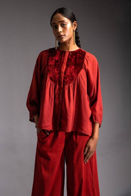 Buy JAYATI GOENKA Red Velvet, Cotton Satin Embroidery Lush Applique Yoke Blouson Top With Trouser Online at Aza Fashions Buy_JAYATI GOENKA_Red Velvet, Cotton Satin Embroidery Lush Applique Yoke Blouson Top With Trouser _Online_at_Aza_Fashions