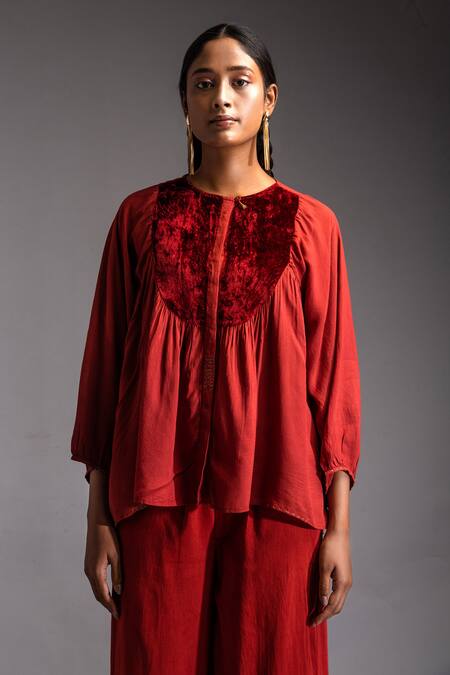 Shop JAYATI GOENKA Red Velvet, Cotton Satin Embroidery Lush Applique Yoke Blouson Top With Trouser Online at Aza Fashions Shop_JAYATI GOENKA_Red Velvet, Cotton Satin Embroidery Lush Applique Yoke Blouson Top With Trouser _Online_at_Aza_Fashions