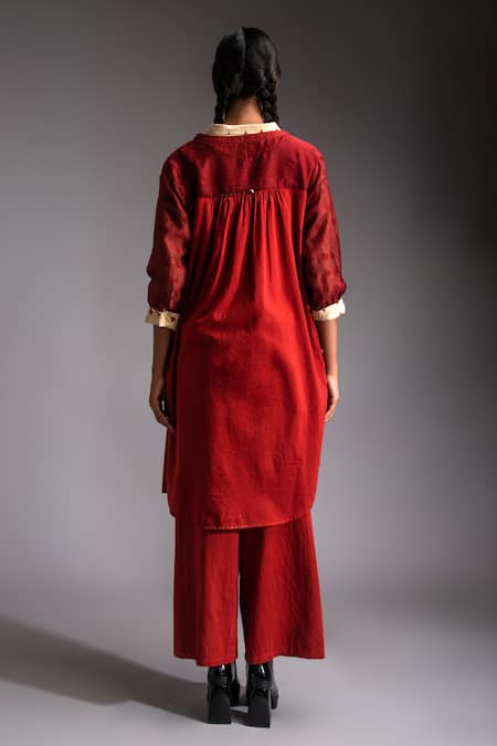 Shop_JAYATI GOENKA_Red Satin, Embroidery Mandarin Collar, Venus Jacket And Pant Set _at_Aza_Fashions