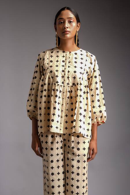 JAYATI GOENKA Beige Cotton Embroidery Swing Handblock Motif Print Shirt Blouse With Trouser Online at Aza Fashions JAYATI GOENKA_Beige Cotton Embroidery Swing Handblock Motif Print Shirt Blouse With Trouser _Online_at_Aza_Fashions