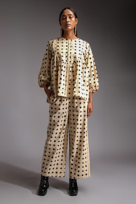 Buy JAYATI GOENKA Beige Cotton Embroidery Swing Handblock Motif Print Shirt Blouse With Trouser Online at Aza Fashions Buy_JAYATI GOENKA_Beige Cotton Embroidery Swing Handblock Motif Print Shirt Blouse With Trouser _Online_at_Aza_Fashions