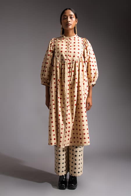 Buy JAYATI GOENKA Red Cotton Embroidery Mandarin Collar Voyage Dusk Motif Print Kurta With Trouser Online at Aza Fashions Buy_JAYATI GOENKA_Red Cotton Embroidery Mandarin Collar Voyage Dusk Motif Print Kurta With Trouser _Online_at_Aza_Fashions