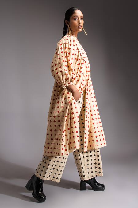 Buy JAYATI GOENKA Red Cotton Embroidery Mandarin Collar Voyage Dusk Motif Print Kurta With Trouser Buy_JAYATI GOENKA_Red Cotton Embroidery Mandarin Collar Voyage Dusk Motif Print Kurta With Trouser