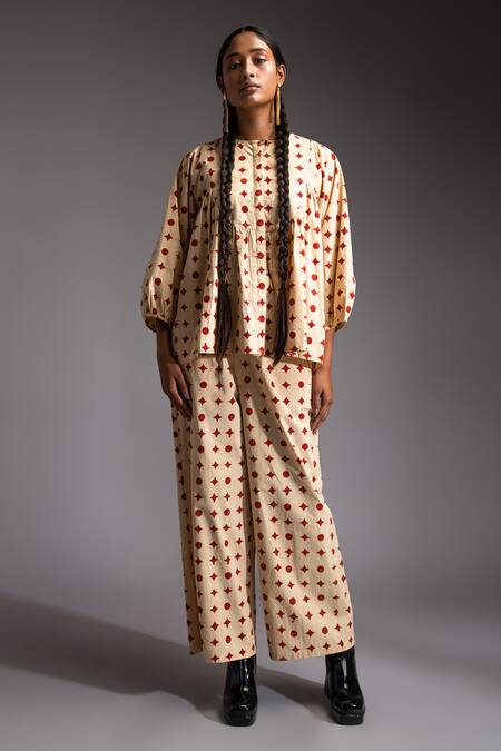 Shop_JAYATI GOENKA_Beige Cotton Embroidery Mandarin Swing Motif Print Shirt Blouse With Trouser_Online_at_Aza_Fashions