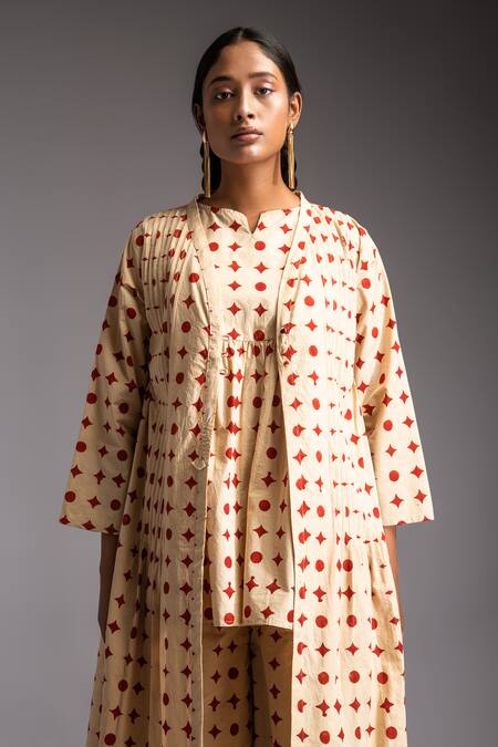 Buy JAYATI GOENKA Red Cotton Embroidery Open Neck Venus Motif Print Jacket And Pant Set Online at Aza Fashions Buy_JAYATI GOENKA_Red Cotton Embroidery Open Neck Venus Motif Print Jacket And Pant Set _Online_at_Aza_Fashions