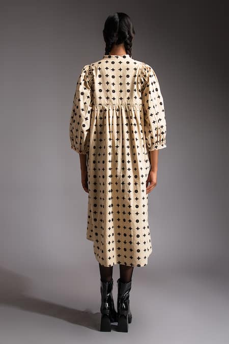 Shop JAYATI GOENKA Beige Cotton Embroidery Mandarin Collar Voyage Motif Print Midi Dress at Aza Fashions Shop_JAYATI GOENKA_Beige Cotton Embroidery Mandarin Collar Voyage Motif Print Midi Dress _at_Aza_Fashions