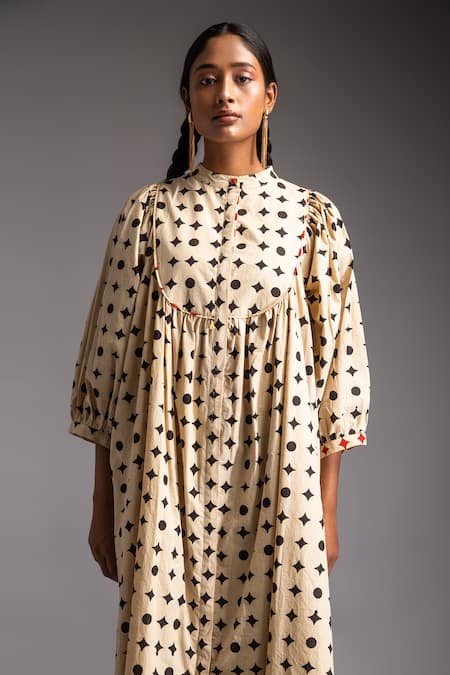 Buy JAYATI GOENKA Beige Cotton Embroidery Mandarin Collar Voyage Motif Print Midi Dress Online at Aza Fashions Buy_JAYATI GOENKA_Beige Cotton Embroidery Mandarin Collar Voyage Motif Print Midi Dress _Online_at_Aza_Fashions
