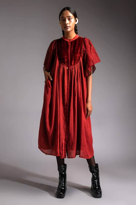 Jayati Goenka Red Cotton Satin Applique Velvet Mandarin Collar Moonlit Yoke Midi Dress 