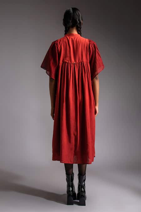 Shop JAYATI GOENKA Red Chanderi, Cotton Satin Applique Mandarin Moonlit Velvet Yoke Midi Dress at Aza Fashions Shop_JAYATI GOENKA_Red Chanderi, Cotton Satin Applique Mandarin Moonlit Velvet Yoke Midi Dress _at_Aza_Fashions
