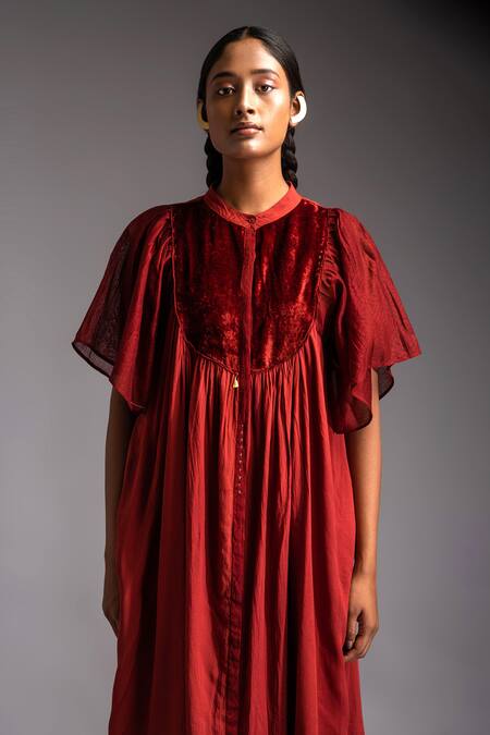 JAYATI GOENKA Red Chanderi, Cotton Satin Applique Mandarin Moonlit Velvet Yoke Midi Dress Online at Aza Fashions JAYATI GOENKA_Red Chanderi, Cotton Satin Applique Mandarin Moonlit Velvet Yoke Midi Dress _Online_at_Aza_Fashions