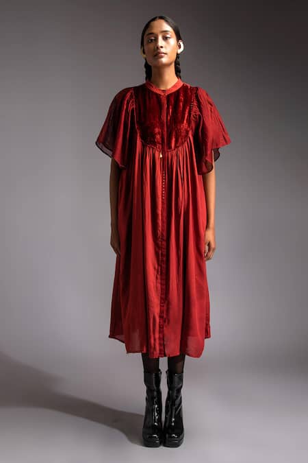 Buy JAYATI GOENKA Red Chanderi, Cotton Satin Applique Mandarin Moonlit Velvet Yoke Midi Dress Online at Aza Fashions Buy_JAYATI GOENKA_Red Chanderi, Cotton Satin Applique Mandarin Moonlit Velvet Yoke Midi Dress _Online_at_Aza_Fashions
