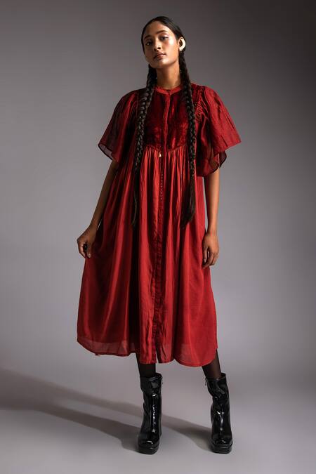 Shop JAYATI GOENKA Red Chanderi, Cotton Satin Applique Mandarin Moonlit Velvet Yoke Midi Dress Online at Aza Fashions Shop_JAYATI GOENKA_Red Chanderi, Cotton Satin Applique Mandarin Moonlit Velvet Yoke Midi Dress _Online_at_Aza_Fashions
