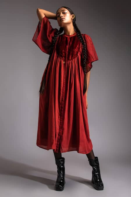 JAYATI GOENKA Red Chanderi, Cotton Satin Applique Mandarin Moonlit Velvet Yoke Midi Dress at Aza Fashions JAYATI GOENKA_Red Chanderi, Cotton Satin Applique Mandarin Moonlit Velvet Yoke Midi Dress _at_Aza_Fashions