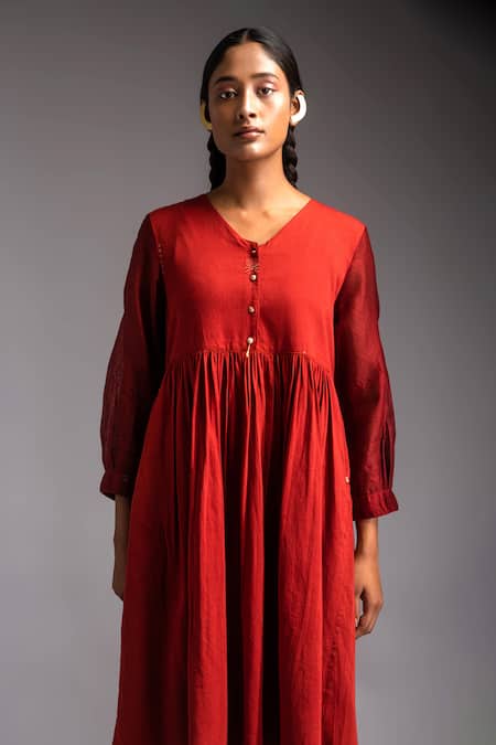 JAYATI GOENKA Red Chanderi, Cotton Satin V-neck Nomad A-line Empire Dress Online at Aza Fashions JAYATI GOENKA_Red Chanderi, Cotton Satin V-neck Nomad A-line Empire Dress _Online_at_Aza_Fashions