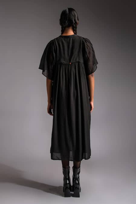 Shop JAYATI GOENKA Black Chanderi, Cotton Satin Noir Moonlit Velvet Applique Yoke Midi Dress at Aza Fashions Shop_JAYATI GOENKA_Black Chanderi, Cotton Satin Noir Moonlit Velvet Applique Yoke Midi Dress _at_Aza_Fashions
