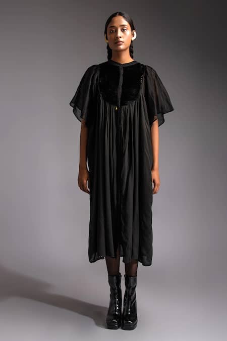 JAYATI GOENKA Black Chanderi, Cotton Satin Noir Moonlit Velvet Applique Yoke Midi Dress Online at Aza Fashions JAYATI GOENKA_Black Chanderi, Cotton Satin Noir Moonlit Velvet Applique Yoke Midi Dress _Online_at_Aza_Fashions