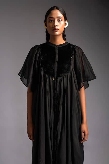 Buy JAYATI GOENKA Black Chanderi, Cotton Satin Noir Moonlit Velvet Applique Yoke Midi Dress Online at Aza Fashions Buy_JAYATI GOENKA_Black Chanderi, Cotton Satin Noir Moonlit Velvet Applique Yoke Midi Dress _Online_at_Aza_Fashions