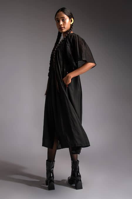 Shop JAYATI GOENKA Black Chanderi, Cotton Satin Noir Moonlit Velvet Applique Yoke Midi Dress Online at Aza Fashions Shop_JAYATI GOENKA_Black Chanderi, Cotton Satin Noir Moonlit Velvet Applique Yoke Midi Dress _Online_at_Aza_Fashions